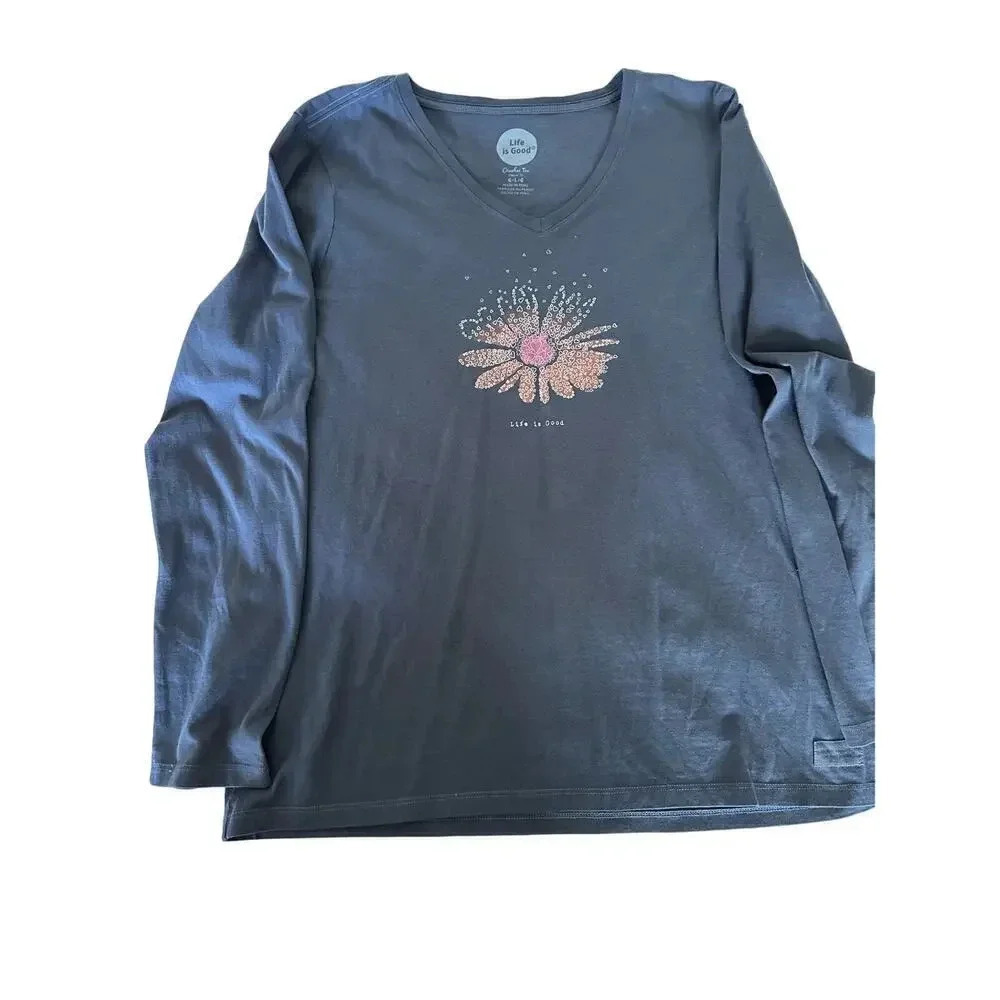 Life Is Good Women's Blue Crusher V-Neck Long Sleeve Flower Tee T-Shirt Size l